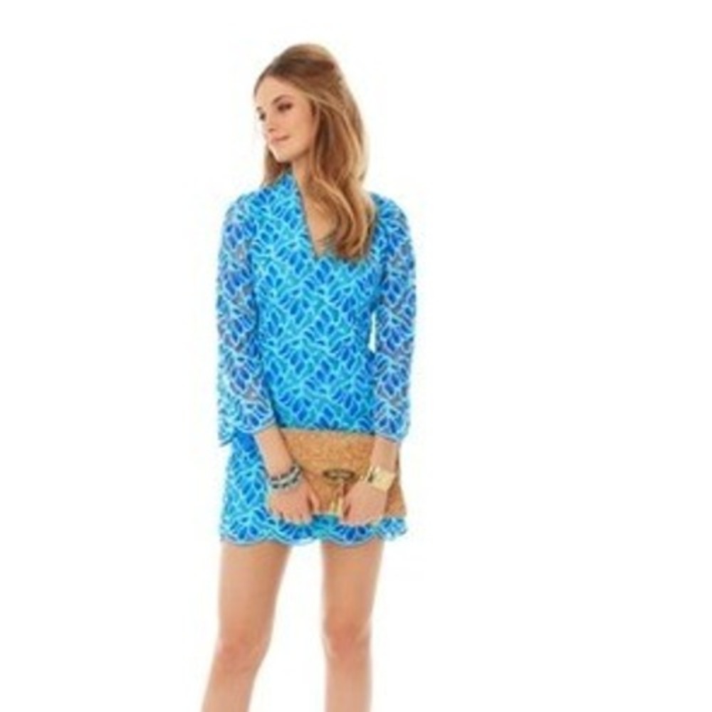 Lilly Pulitzer Lace Tunic Dress Scalloped Hem Blue Size 6 Devina Retro Beach
